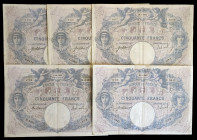 Francia. 1915. Banco de Francia. 50 francos. (Pick 64e). 5 billetes, todos con fechas distintas. Firmas: J. Laferriere y E. Picard. BC/BC+.