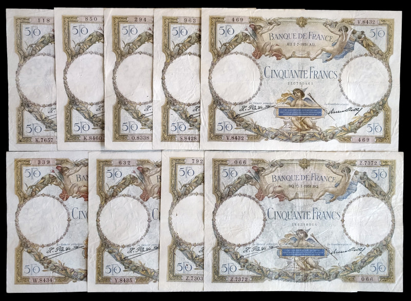 Francia. 1931. Banco de Francia. 50 francos. (Pick 80a). 9 billetes, algunas fec...