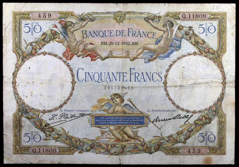 Francia. 1932. Banco de Francia. 50 francos. (Pick 80a). 29 de diciembre. Firmas...