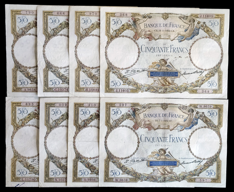 Francia. 1932. Banco de Francia. 50 francos. (Pick 80a). 8 billetes, fechas dist...