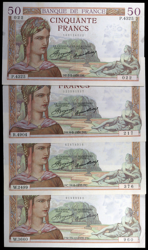 Francia. 1935 y 1936. Banco de Francia. 50 francos. (Pick 81). 4 billetes, fecha...