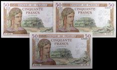 Francia. 1937 y 1938. Banco de Francia. 50 francos. (Pick 85a y 85b). 3 billetes. MBC-/EBC-.