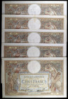 Francia. 1937 y 1938. Banco de Francia. 100 francos. (Pick 86b). 5 billetes, fechas distintas. Firmas: P. Rousseau y R. Favre-Gilly. MBC-/MBC+.