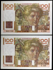 Francia. 1948. Banco de Francia. 100 francos. (Pick 128d). 29 de abril. Pareja correlativa. Firmas: P. Rousseau y P. Gargam. Pareja correlativa al lot...