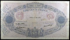 Francia. 1930. Banco de Francia. 500 francos. (Pick 66l). 3 de mayor. Firmas: Roulleau, L. Platet y P. Strohl. Dos pequeñas roturas laterales. Raro. M...