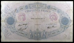 Francia. 1937. Banco de Francia. 500 francos. (Pick 88b). 26 de agosto. Firmas: P. Strohl, P. Rousseau y R. Favre-Gilly. Dos puntitos de aguja y peque...