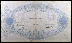 Francia. 1939. Banco de Francia. 500 francos. (Pick 88c). 30 de marzo. Pequeñas roturas. Raro. BC+.
