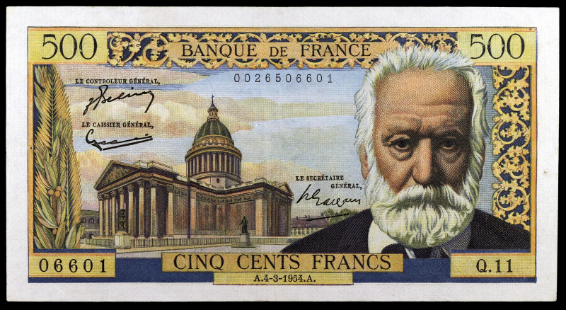 Francia. 1954. Banco de Francia. 500 francos. (Pick 133a). 4 de marzo, Víctor Hu...