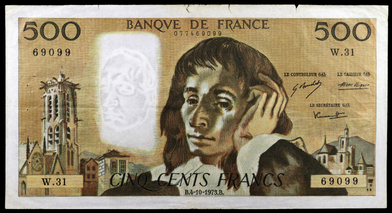 Francia. 1973. Banco de Francia. 500 francos. (Pick 156b). 4 de octubre, Blaise ...