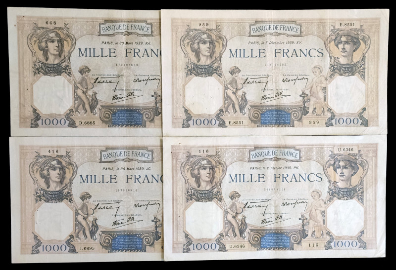 Francia. 1939. Banco de Francia. 1000 francos. (Pick 90c). 4 billetes, fechas di...