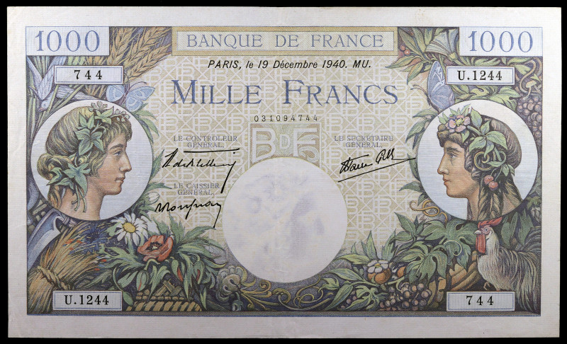 Francia. 1940. Banco de Francia. 1000 francos. (Pick 96a). 19 de diciembre. Firm...