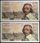 Francia. 1956. Banco de Francia. 1000 francos. (Pick 134a). 5 de enero, Cardenal Richelieu. Pareja correlativa. Ondulaciones. EBC.