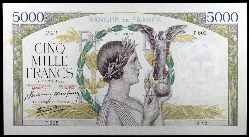 Francia. 1941. Banco de Francia. 5000 francos. (Pick 97c). 26 de diciembre. Manc...