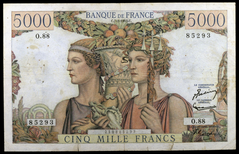 Francia. 1952. Banco de Francia. 5000 francos. (Pick 131c). 7 de febrero. Puntos...