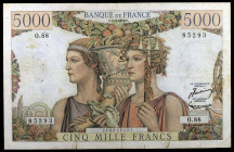 Francia. 1952. Banco de Francia. 5000 francos. (Pick 131c). 7 de febrero. Puntos de aguja. Escaso. MBC-.
