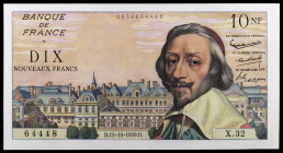 Francia. 1959. Banco de Francia. 10 francos nuevos. (Pick 142a). 15 de octubre, Cardenal Richelieu. Leve doblez. Escaso. EBC.