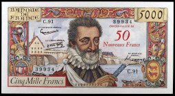 Francia. 1958. Banco de Francia. 50 francos nuevos sobre 5000 francos. (Pick 139a). 30 de octubre, Enrique IV. Ondulaciones. Raro. EBC.
