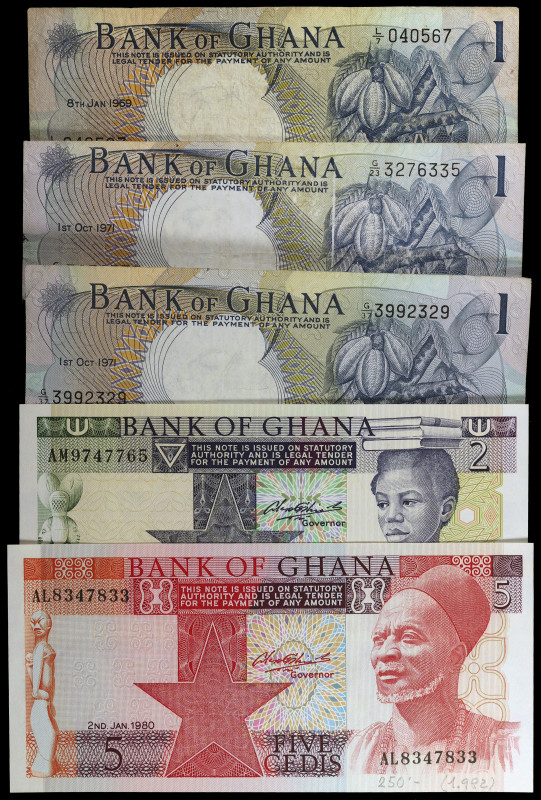 Ghana. 1969, 1971 (dos) y 1980 (dos). Banco de Ghana. 1 (tres), 2 y 5 cedis. Lot...