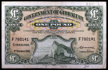 Gibraltar. 1958. Gobierno de Gibraltar. 1 libra. (Pick 18a). 3 de octubre. Firma del Secretario Financiero. Escaso. MBC-.