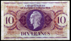 Guadalupe. 1944. Fondo Central de Ultramar. 10 francos. (Pick 27). 2 de febrero. BC+.
