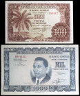 Guinea Ecuatorial. 1969. Banco Central. 100 y 1000 pesetas guineanas. (Pick 1 y 3). 12 de octubre. 2 billetes. Impresos en la FNMT. MBC+/EBC-.