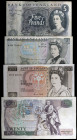 Inglaterra. Banco de Inglaterra. 5 (dos), 10 y 20 libras. (Pick 375a, 378f, 379e y 380d). Isabel II. 4 billetes distintos. BC+/MBC+.