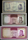 Irán. SH 1333 (1954) y s/d (1965). Banco Melli y Markazi. 10, 20 y 100 rials. (Pick 64, 78 y 80). 3 billetes. BC+/EBC.