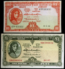 Irlanda. 1966 y 1967. Banco Central. 10 chelines y 1 dólar. (Pick 63a y 64a). 2 billetes, Lady Hazel. MBC-/MBC+.