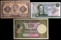 Luxemburgo. s/d (1944 y 1967). 10 (dos) y 50 francos. (Pick 44a, 45 y 53a). 3 billetes distintos. BC/EBC+.