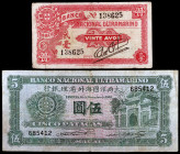 Macao. s/d (1944 y 1945). Banco Nacional Ultramarino. 20 avos y 5 patacas. (Pick 20 y 29). 2 billetes. BC+/MBC-.
