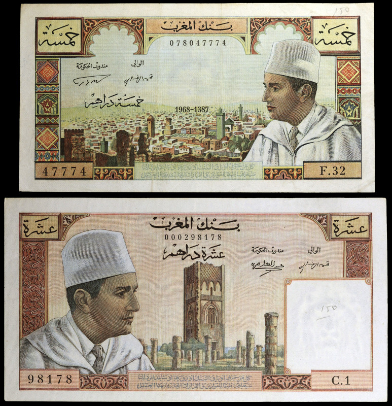 Marruecos. s/d (1960) y 1968 / AH 1387. Banco de Marruecos. 5 y 10 dirhams. (Pic...
