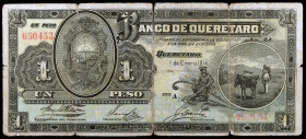 México. 1914. Banco de Querétaro SA. 1 peso. (Pick S397a). 1 de enero. Roturas. Raro. (BC).