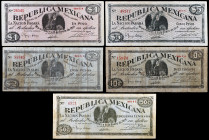 México. 1914. División del Bravo, Monterrey. 10, 50 centavos, 1, 2 y 5 pesos. (Pick S935, S936c y S937 a S939). 8 de enero. 5 billetes. BC+/MBC.