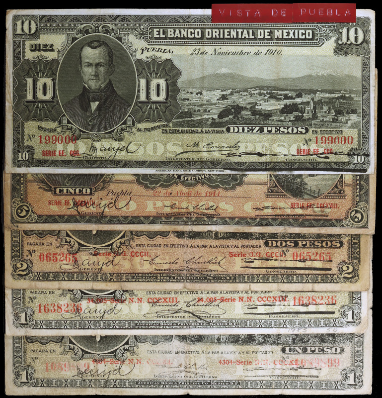 México. 1910 y 1914. Banco Oriental. Puebla. 1 (dos), 2, 5 y 10 pesos. (Pick S38...