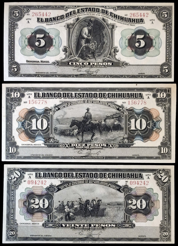 México. D 1913. Banco del Estado de Chihuahua. 5, 10 y 20 pesos. (Pick S132 a S1...