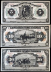 México. D 1913. Banco del Estado de Chihuahua. 5, 10 y 20 pesos. (Pick S132 a S134). 3 billetes, todos con una sola firma. EBC-/EBC.
