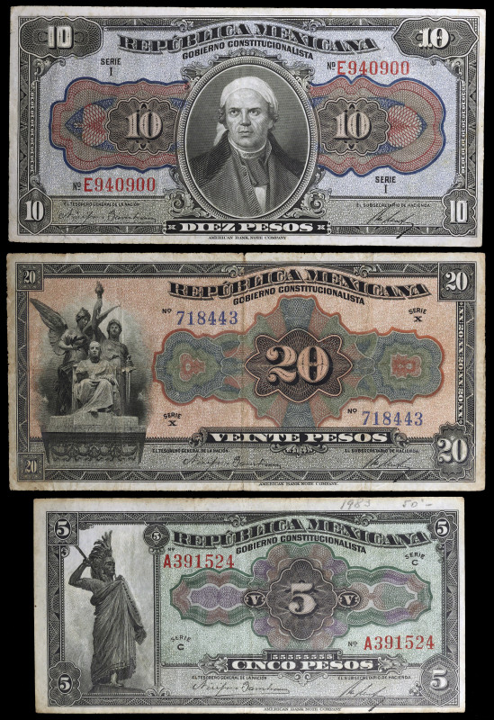 México. D 1915. Gobierno Constitucionalista. República Mexicana. 5, 10 y 20 peso...