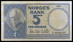 Noruega. 1961. Banco Noruego. 5 coronas. (Pick 30g). Fridtjof Nansen. Serie I. MBC+.