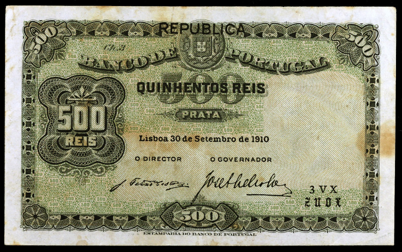 Portugal. 1910. Banco de Portugal. 500 reis. (Pick 105a). 30 de septiembre. Manc...