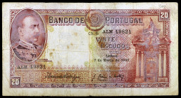 Portugal. 1933. Banco de Portugal. 20 escudos. (Pick 143). 7 de marzo, M. d'Alburquerque. Manchas. Raro. BC.