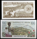Ruanda. 1976 y 1978. Banco Nacional. 20 y 100 francos. (Pick 6e y 12a). 2 billetes. S/C-.