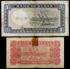 Sudán. 1966 y 1967. Banco de Sudán. 25 piastras y 1 libra. (Pick 6b y 8c). 2 billetes. BC/BC+.