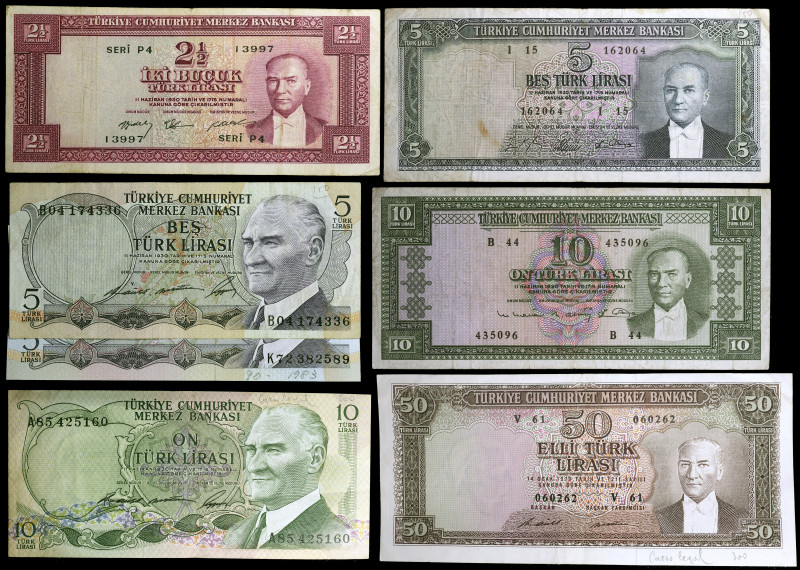 Turquía. Lote de 7 billetes de distintos valores y fechas. BC+/MBC+.
