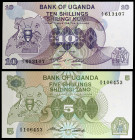 Uganda. s/d (1982). Banco de Uganda. 5 y 10 chelines. (Pick 15 y 16). Firmas del GOVERNOR y SECRETARY. EBC+/S/C-.