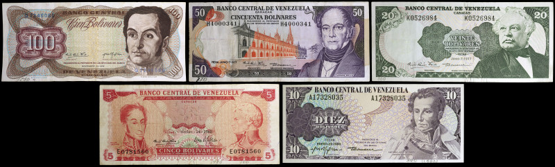Venezuela. 1968 a 1980. Banco Central. 5, 10, 20, 50 y 100 bolívares. Lote de 5 ...