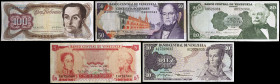 Venezuela. 1968 a 1980. Banco Central. 5, 10, 20, 50 y 100 bolívares. Lote de 5 billetes distintos. BC+/EBC+.