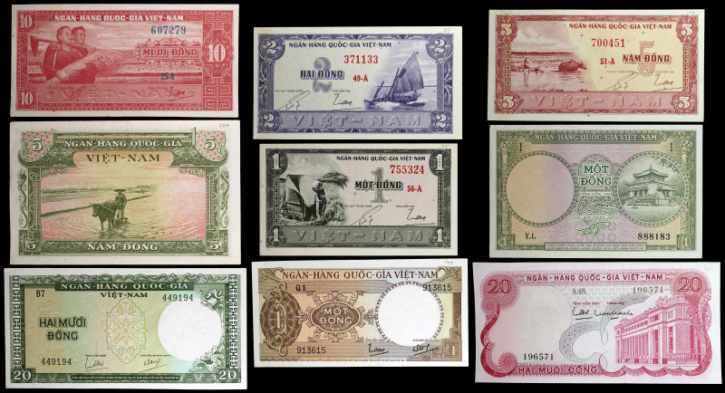 Vietnam. Lote de 9 billetes de distintos valores y fechas. Conjunto escaso. MBC+...