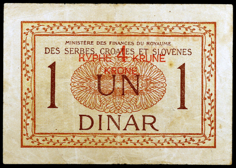 Yugoslavia. s/d (1919). Ministerio de Finanzas. 4 coronas sobre 1 dinar. (Pick 1...