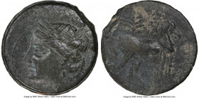 ZEUGITANA. Carthage. Ca. 221-210 BC. AE trishekel (31mm, 12h). NGC Choice VF, overstruck. Second Punic War, ca. 220-215 BC. Head of Tanit left, wreath...