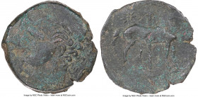 ZEUGITANA. Carthage. Ca. 221-210 BC. AE trishekel (30mm, 5h). NGC Choice VF, overstruck. Second Punic War, ca. 220-215 BC. Head of Tanit left, wreathe...